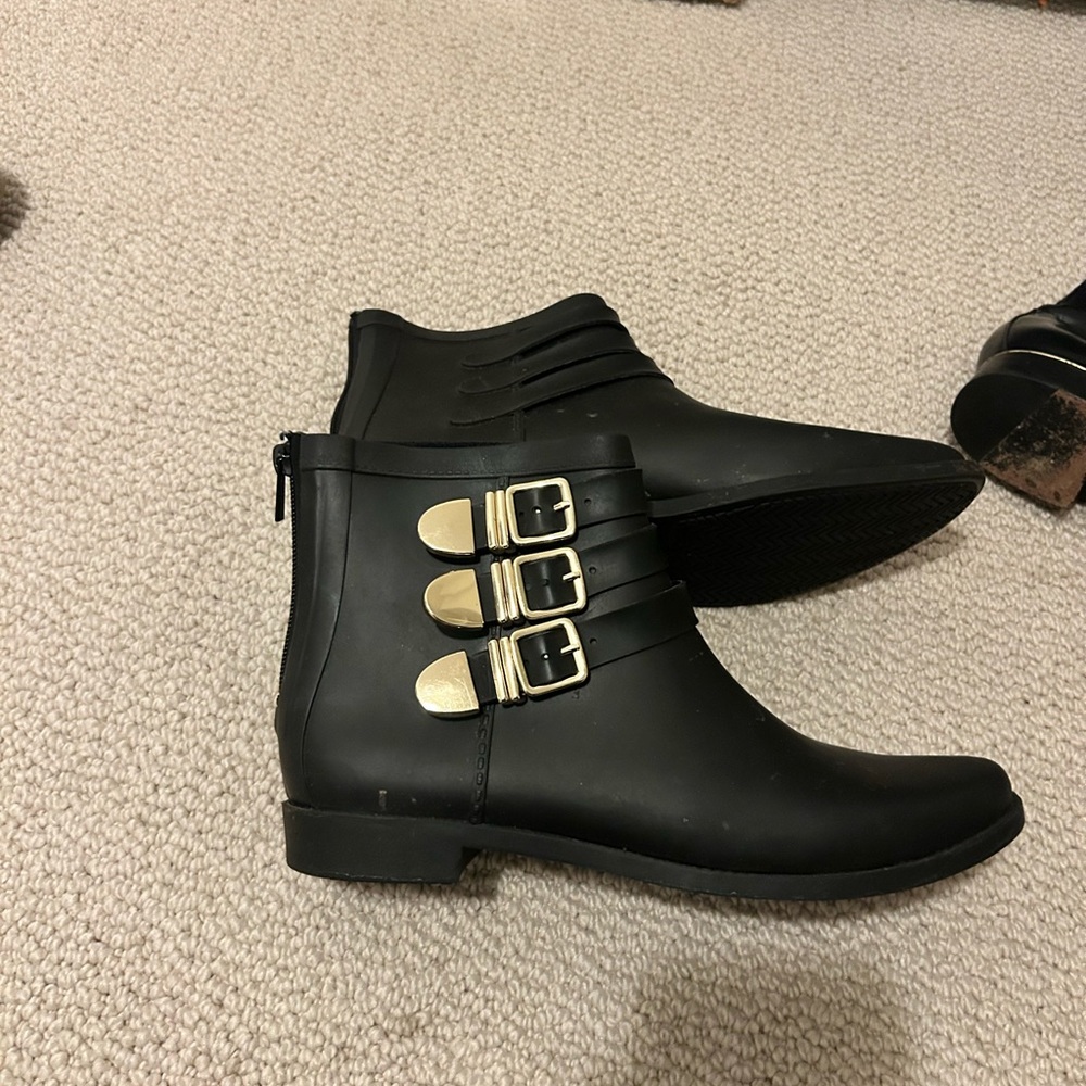 Loeffler Randall Fenton Black Rain Booties with Gold Buckle